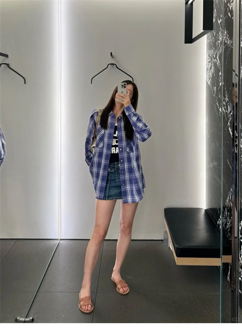 셀린느 체크 캐주얼 견장 롱 셔츠 남방 블루