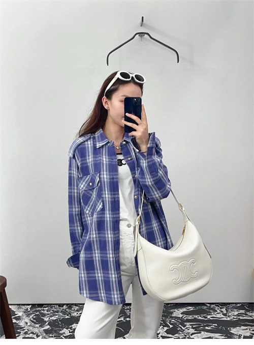 셀린느 체크 캐주얼 견장 롱 셔츠 남방 블루