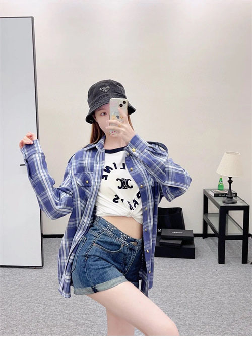 셀린느 체크 캐주얼 견장 롱 셔츠 남방 블루