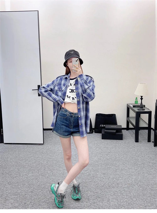 셀린느 체크 캐주얼 견장 롱 셔츠 남방 블루