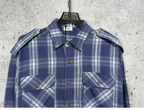 셀린느 체크 캐주얼 견장 롱 셔츠 남방 블루