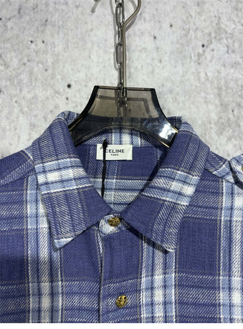 셀린느 체크 캐주얼 견장 롱 셔츠 남방 블루