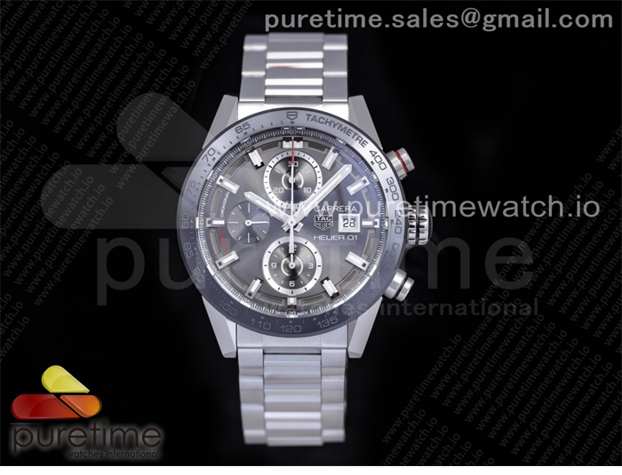 XF공장 칼리버호이어 그레이다이얼 43MM Calibre Heuer 01 Chrono SS XF 1_1 Best Edition Gray Dial on SS Bracelet Strap A1887