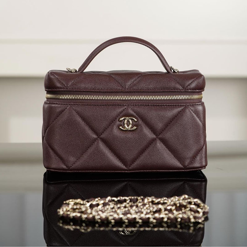 샤넬 25k 직사각 베니티 케이스 캐비어 골드 메탈 다크 브라운