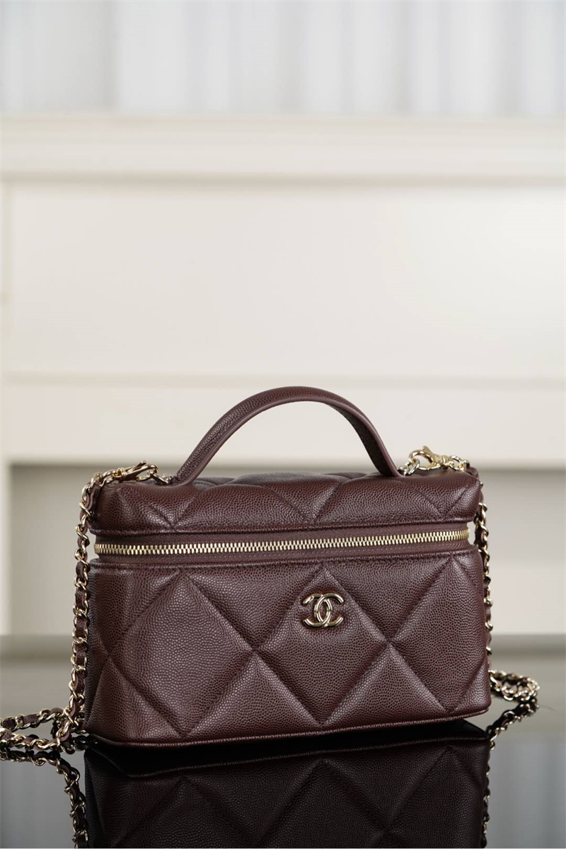 샤넬 25k 직사각 베니티 케이스 캐비어 골드 메탈 다크 브라운