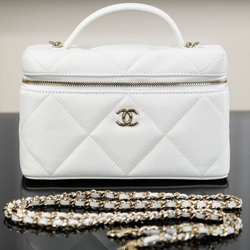 샤넬 25k 직사각 베니티 케이스 캐비어 골드 메탈 화이트