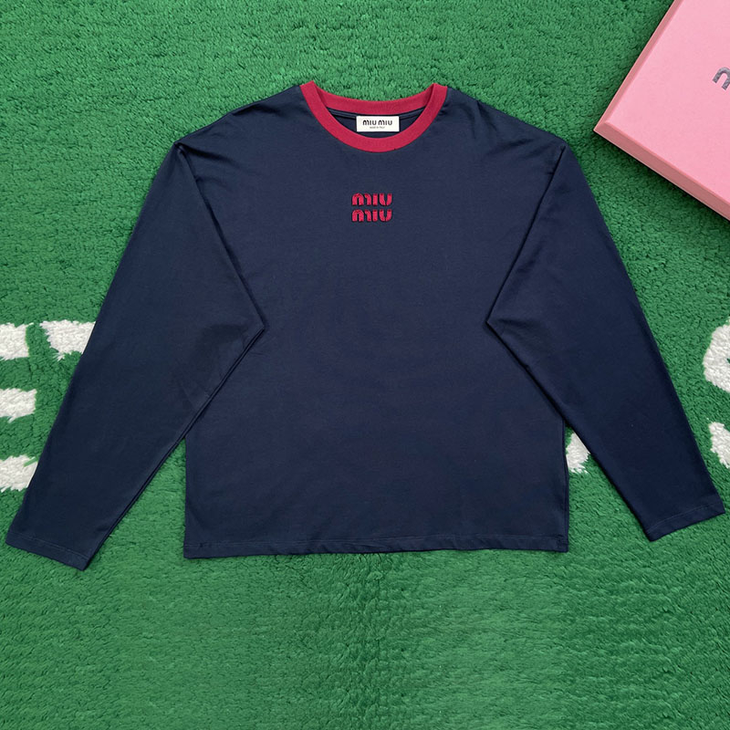 미우미우 로고 자수 코튼 저지 긴팔 티셔츠