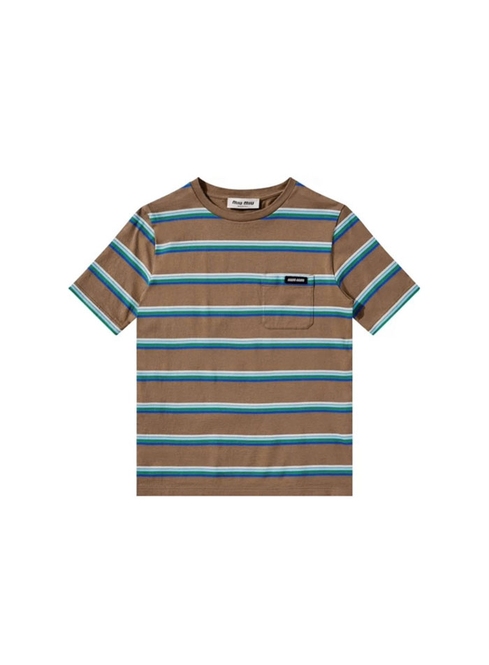 미우미우 로고 패치 스트라이프 반팔 티셔츠