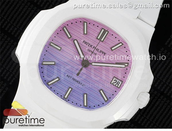 AMG공장 파텍필립 노틸러스 5711 화이트풀세라믹 퍼플그라데이션다이얼 화이트러버스트랩 AET Nautilus 5711 White Ceramic AMGF Best Edition Purple_Pink Dial on White Rubber Strap MIYOTA 9015
