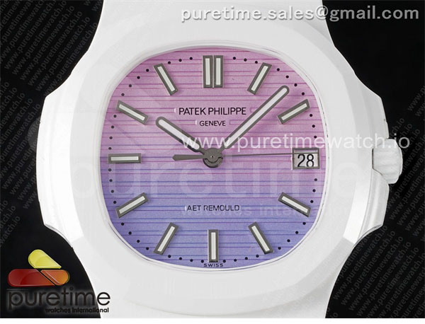 AMG공장 파텍필립 노틸러스 5711 화이트풀세라믹 퍼플그라데이션다이얼 화이트러버스트랩 AET Nautilus 5711 White Ceramic AMGF Best Edition Purple_Pink Dial on White Rubber Strap MIYOTA 9015
