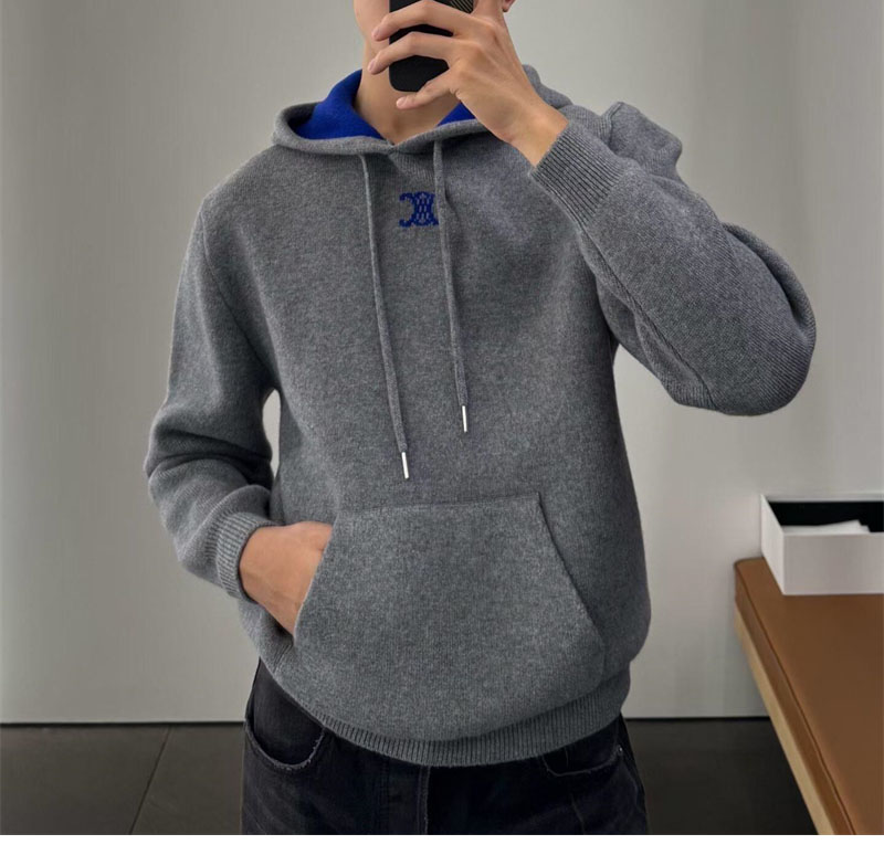 셀린느 로고 아플리케 리브드 울 캐시미어 후디