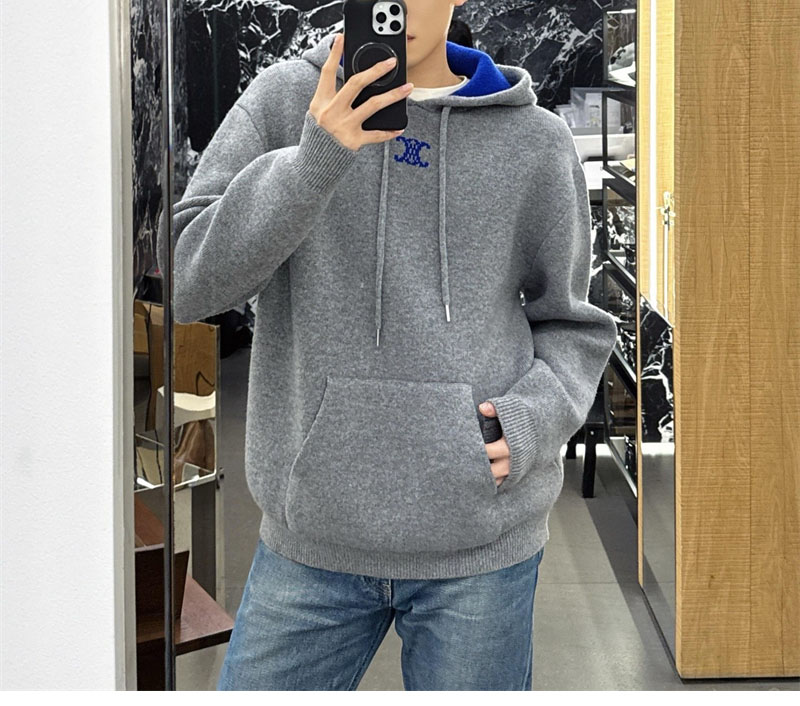 셀린느 로고 아플리케 리브드 울 캐시미어 후디