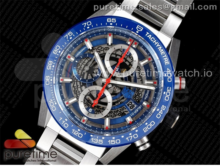 XF공장 칼리버호이어 블루 43 스켈레톤다이얼 Calibre Heuer 01 Chrono 43mm Blue Ceramic SS XF 1_1 Best Edition Skeleton Dial on SS Bracelet A1887