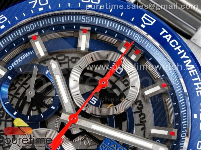 XF공장 칼리버호이어 블루 43 스켈레톤다이얼 Calibre Heuer 01 Chrono 43mm Blue Ceramic SS XF 1_1 Best Edition Skeleton Dial on SS Bracelet A1887