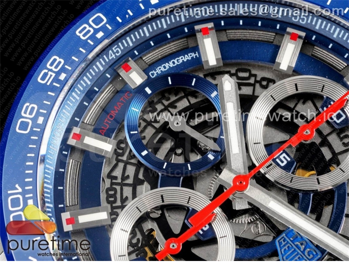 XF공장 칼리버호이어 블루 43 스켈레톤다이얼 Calibre Heuer 01 Chrono 43mm Blue Ceramic SS XF 1_1 Best Edition Skeleton Dial on SS Bracelet A1887