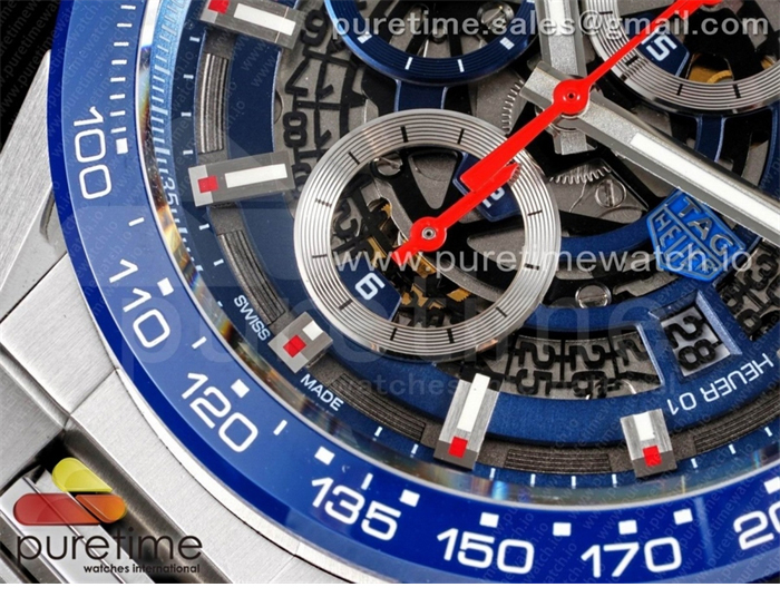 XF공장 칼리버호이어 블루 43 스켈레톤다이얼 Calibre Heuer 01 Chrono 43mm Blue Ceramic SS XF 1_1 Best Edition Skeleton Dial on SS Bracelet A1887