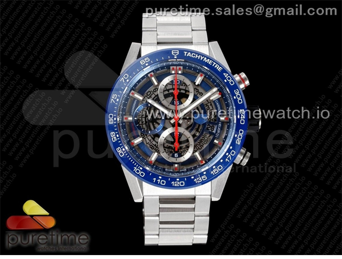 XF공장 칼리버호이어 블루 43 스켈레톤다이얼 Calibre Heuer 01 Chrono 43mm Blue Ceramic SS XF 1_1 Best Edition Skeleton Dial on SS Bracelet A1887