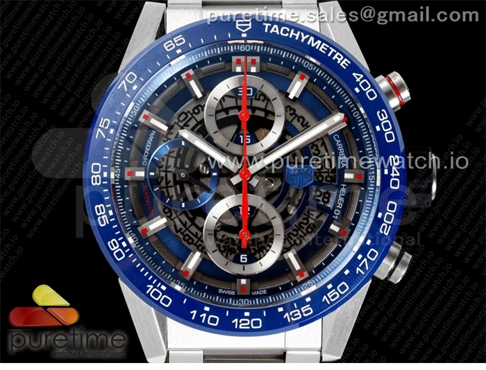 XF공장 칼리버호이어 블루 43 스켈레톤다이얼 Calibre Heuer 01 Chrono 43mm Blue Ceramic SS XF 1_1 Best Edition Skeleton Dial on SS Bracelet A1887