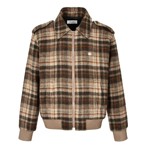 셀린느 트리오페 로고 자수 배색 체크 테디 자켓