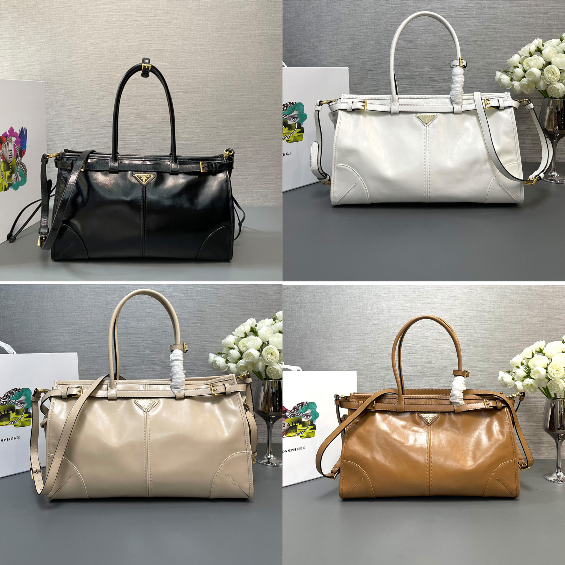 프라다 에나멜 메탈 트라이앵글 로고 미디엄 레더 핸드 백 38*30*12CM “4COLOR”