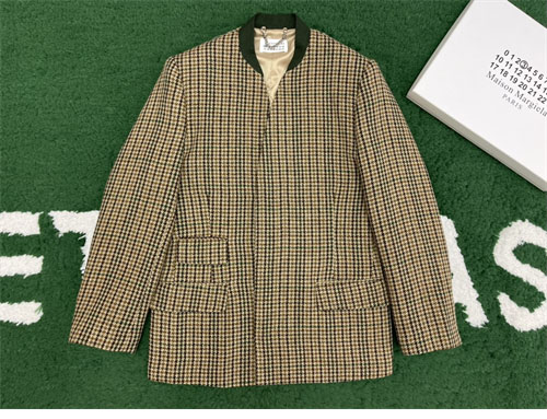 메종마르지엘라 체크 울 브이넥 히든 자켓