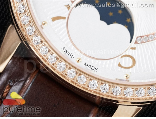 ZF공장 랑데뷰 로골 화이트텍스쳐다이얼 가죽스트랩 Rendez-Vous Moon Medium RG ZF 1_1 Best Edition White Textured Dial Diamonds Bezel on Brown Leather Strap A935