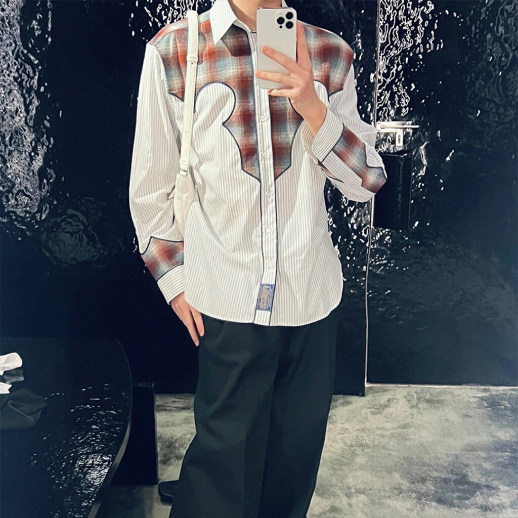 마르지엘라 23FW 그레이 & 브라운 코튼 체크 스트라이프 셔츠