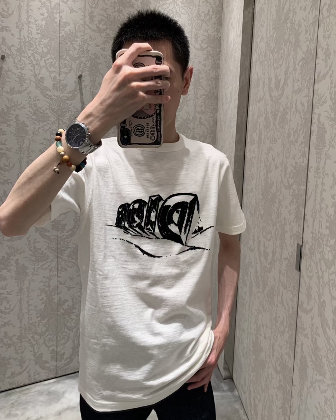 디올 23FW 화이트 플록 아스트로 반팔 티셔츠 화이트