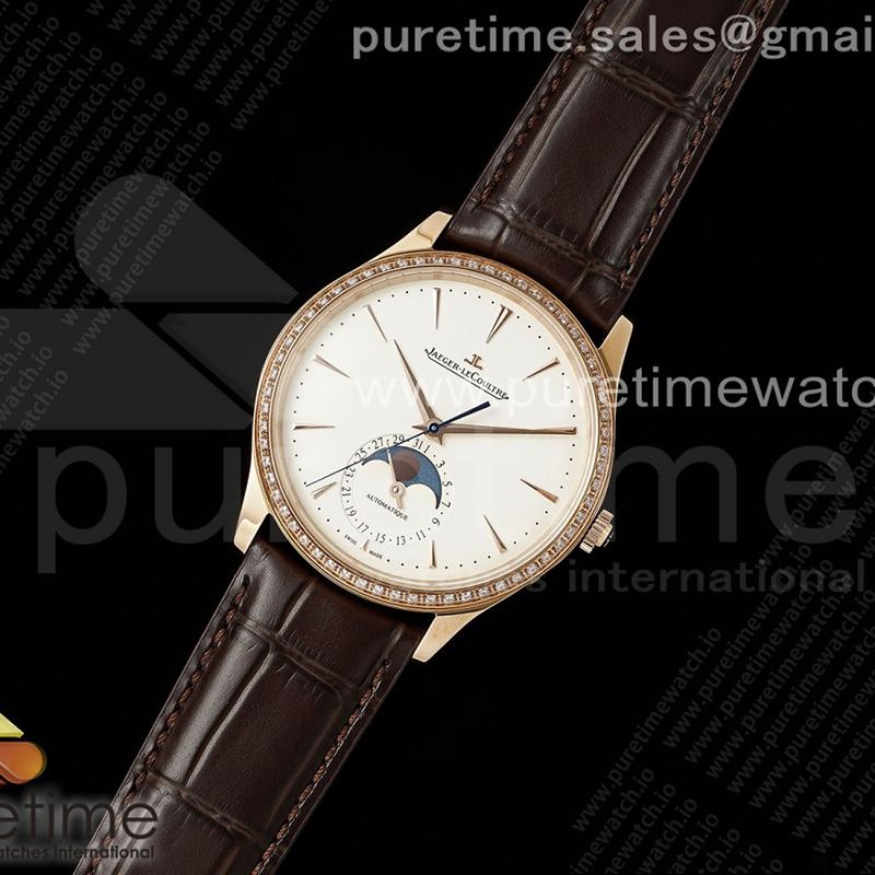APS공장 예거르쿨트르 마스터 울트라씬 문페이즈 로즈골드금통 보석베젤 화이트다이얼 브라운가죽스트랩 Master Ultra Thin Moon RG APSF 1_1 Best Edition White Dial Diamonds Bezel on Brown Leather Strap SA925 Super Clone