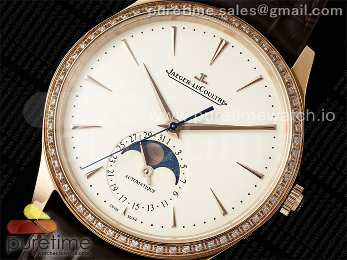 APS공장 예거르쿨트르 마스터 울트라씬 문페이즈 로즈골드금통 보석베젤 화이트다이얼 브라운가죽스트랩 Master Ultra Thin Moon RG APSF 1_1 Best Edition White Dial Diamonds Bezel on Brown Leather Strap SA925 Super Clone