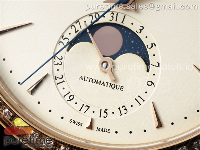 APS공장 예거르쿨트르 마스터 울트라씬 문페이즈 로즈골드금통 보석베젤 화이트다이얼 브라운가죽스트랩 Master Ultra Thin Moon RG APSF 1_1 Best Edition White Dial Diamonds Bezel on Brown Leather Strap SA925 Super Clone