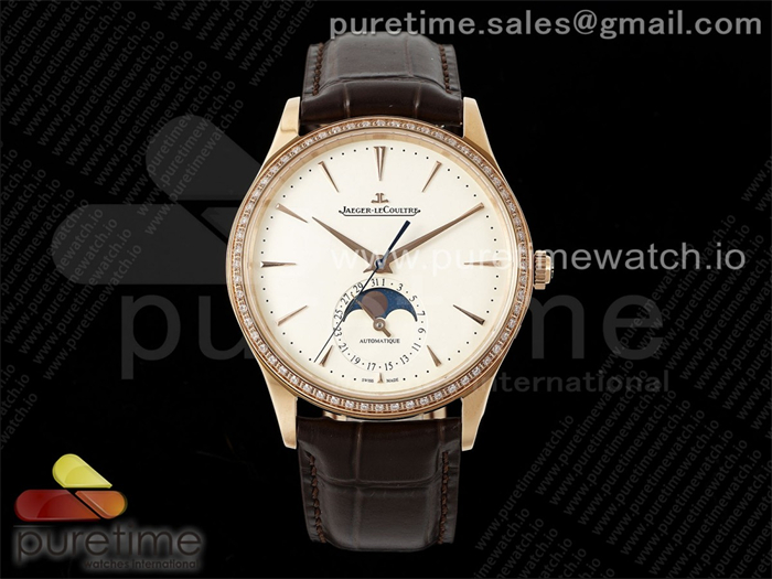 APS공장 예거르쿨트르 마스터 울트라씬 문페이즈 로즈골드금통 보석베젤 화이트다이얼 브라운가죽스트랩 Master Ultra Thin Moon RG APSF 1_1 Best Edition White Dial Diamonds Bezel on Brown Leather Strap SA925 Super Clone