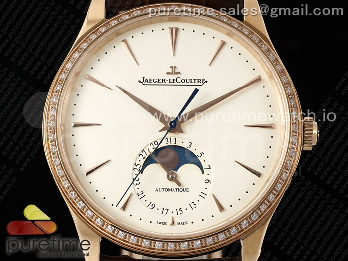 APS공장 예거르쿨트르 마스터 울트라씬 문페이즈 로즈골드금통 보석베젤 화이트다이얼 브라운가죽스트랩 Master Ultra Thin Moon RG APSF 1_1 Best Edition White Dial Diamonds Bezel on Brown Leather Strap SA925 Super Clone