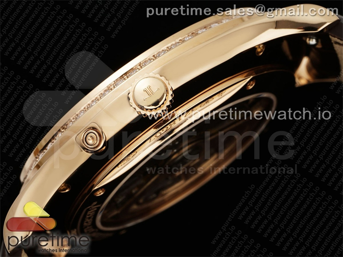 APS공장 예거르쿨트르 마스터 울트라씬 문페이즈 로즈골드금통 보석베젤 화이트다이얼 브라운가죽스트랩 Master Ultra Thin Moon RG APSF 1_1 Best Edition White Dial Diamonds Bezel on Brown Leather Strap SA925 Super Clone