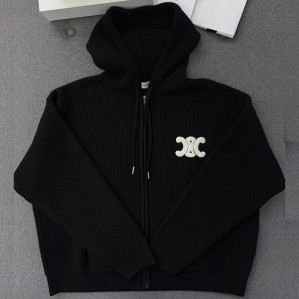 셀린느 트리옹프 자수 리브드 울 후드 집업 가디건